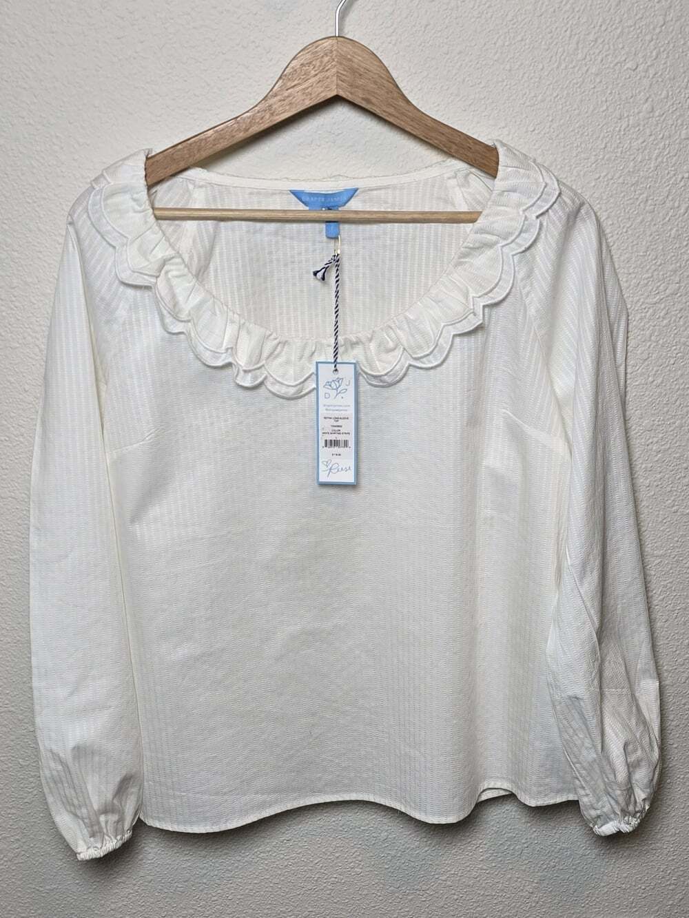 Draper James Reyna Long Sleeve Top Womens L White Ruffle Stripe NWT $118 - Picture 1 of 10